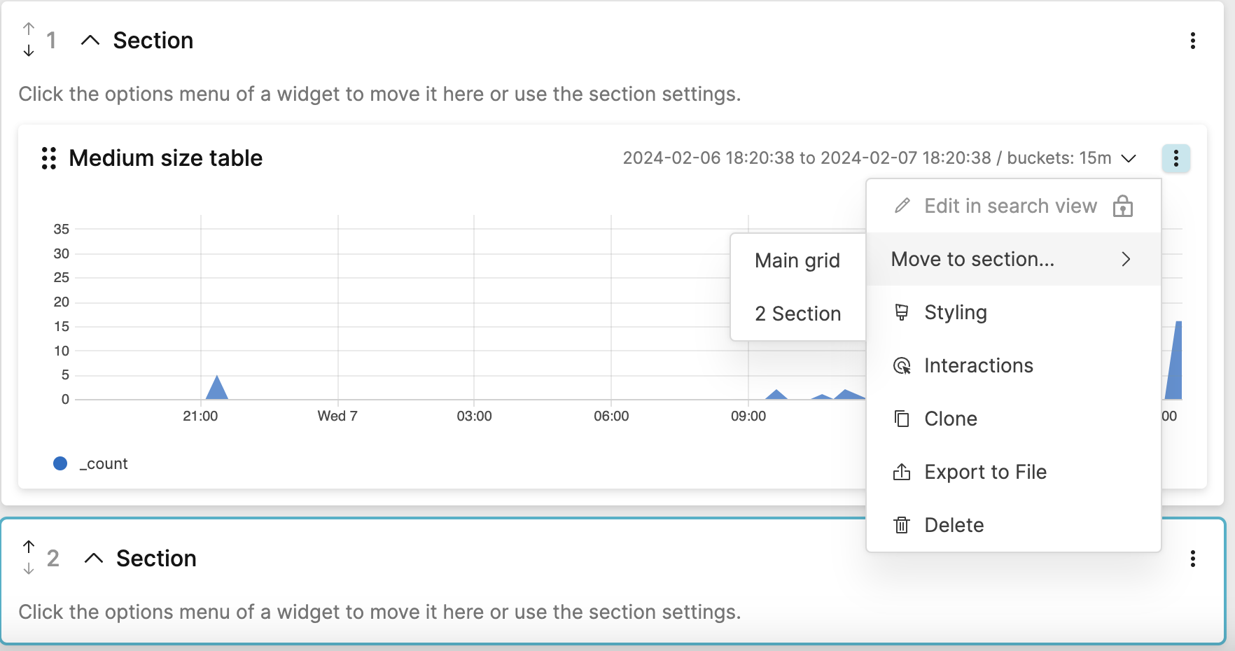 Screenshot showing a widget three-dot menu open with Move to section expanded, displaying Main grid and numbered section options for relocating the widget.