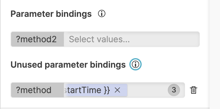 Screenshot showing the interaction editor Parameter bindings section with an active binding and an Unused parameter bindings section listing a stale binding with a delete icon.