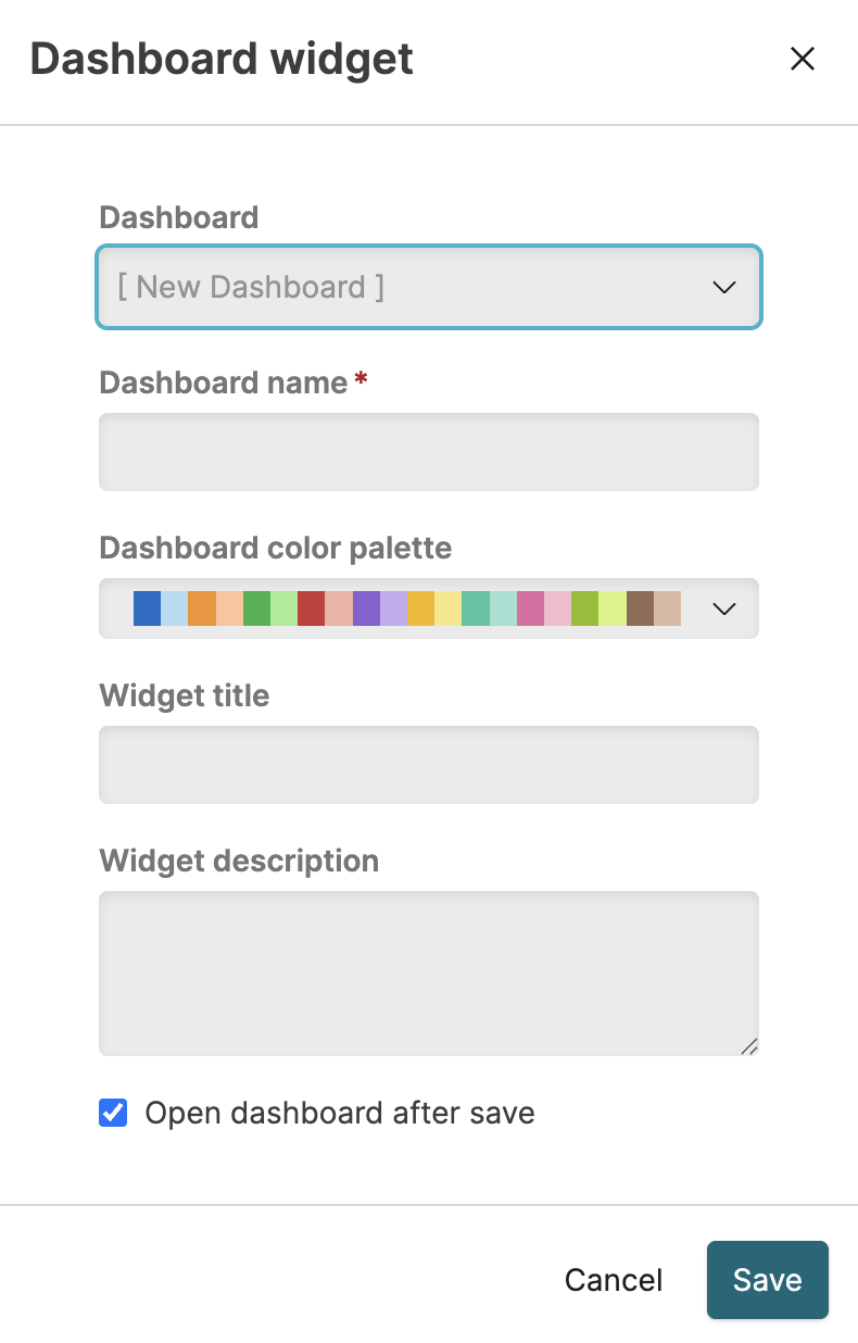 Dashboard Widget dialog displaying fields for Dashboard selection, Dashboard name, Dashboard color palette, Widget title, Widget description, and an Open dashboard after save checkbox.
