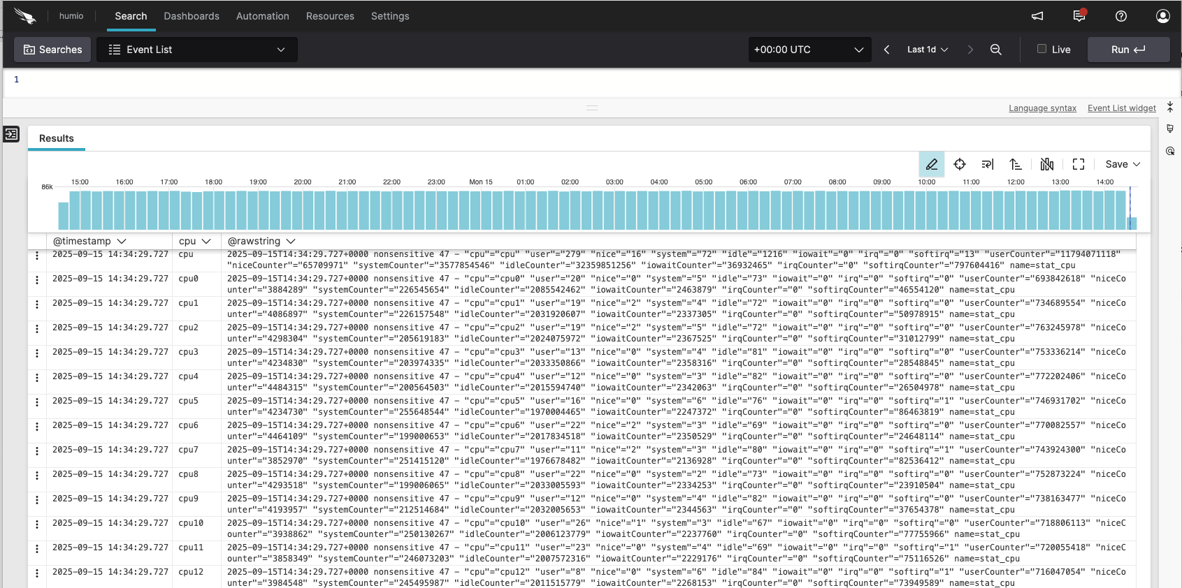 Screenshot showing an event list widget displaying timestamped log entries with a timeline histogram at the top and expandable event rows containing detailed field information