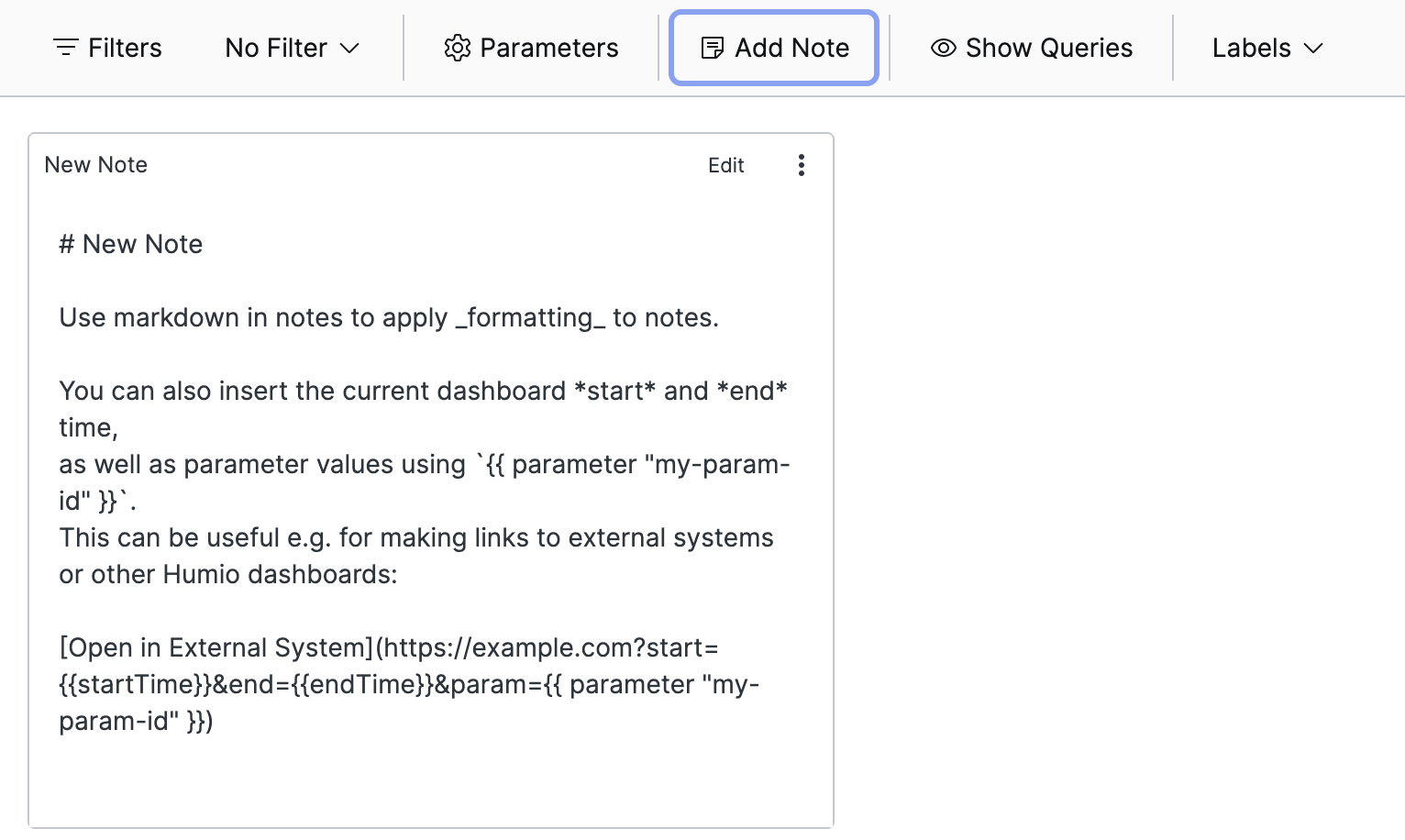 Screenshot showing a note widget displaying markdown-formatted text with heading, formatted text, parameter values, and example external link syntax