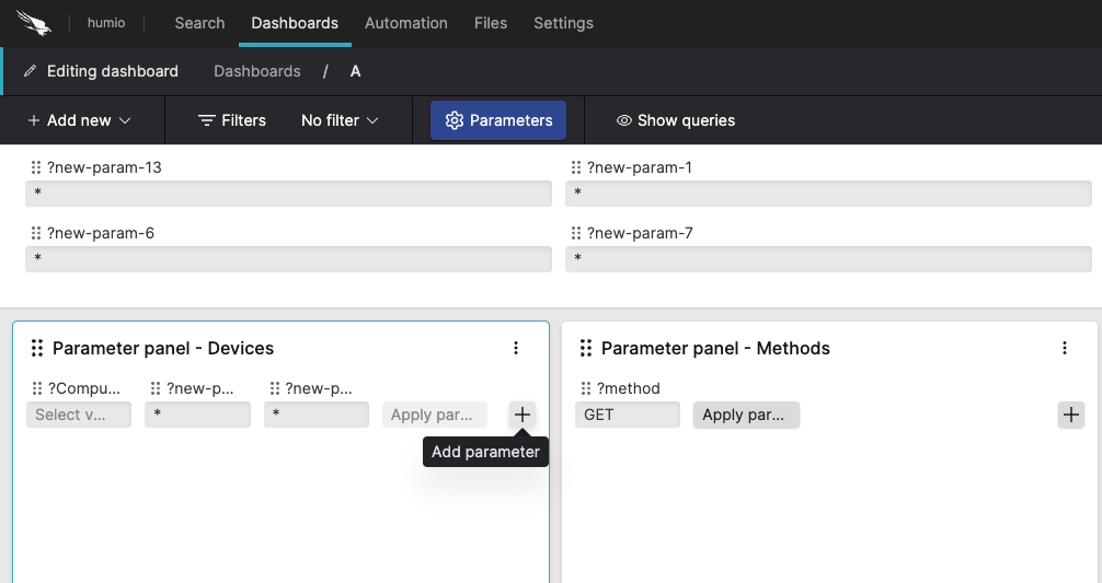 Screenshot showing two parameter panel widgets titled Parameter panel - Devices and Parameter panel - Methods with dropdown fields and Apply parameter buttons