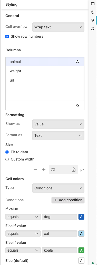 Screenshot showing the Styling panel with columns section displaying animal, weight, and url fields, and conditions configuration showing value-based color rules for dog, cat, and koala entries