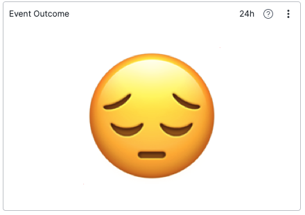 Screenshot showing a single value widget titled Event Outcome displaying a large emoji face icon instead of numeric value, with 24h time range indicator