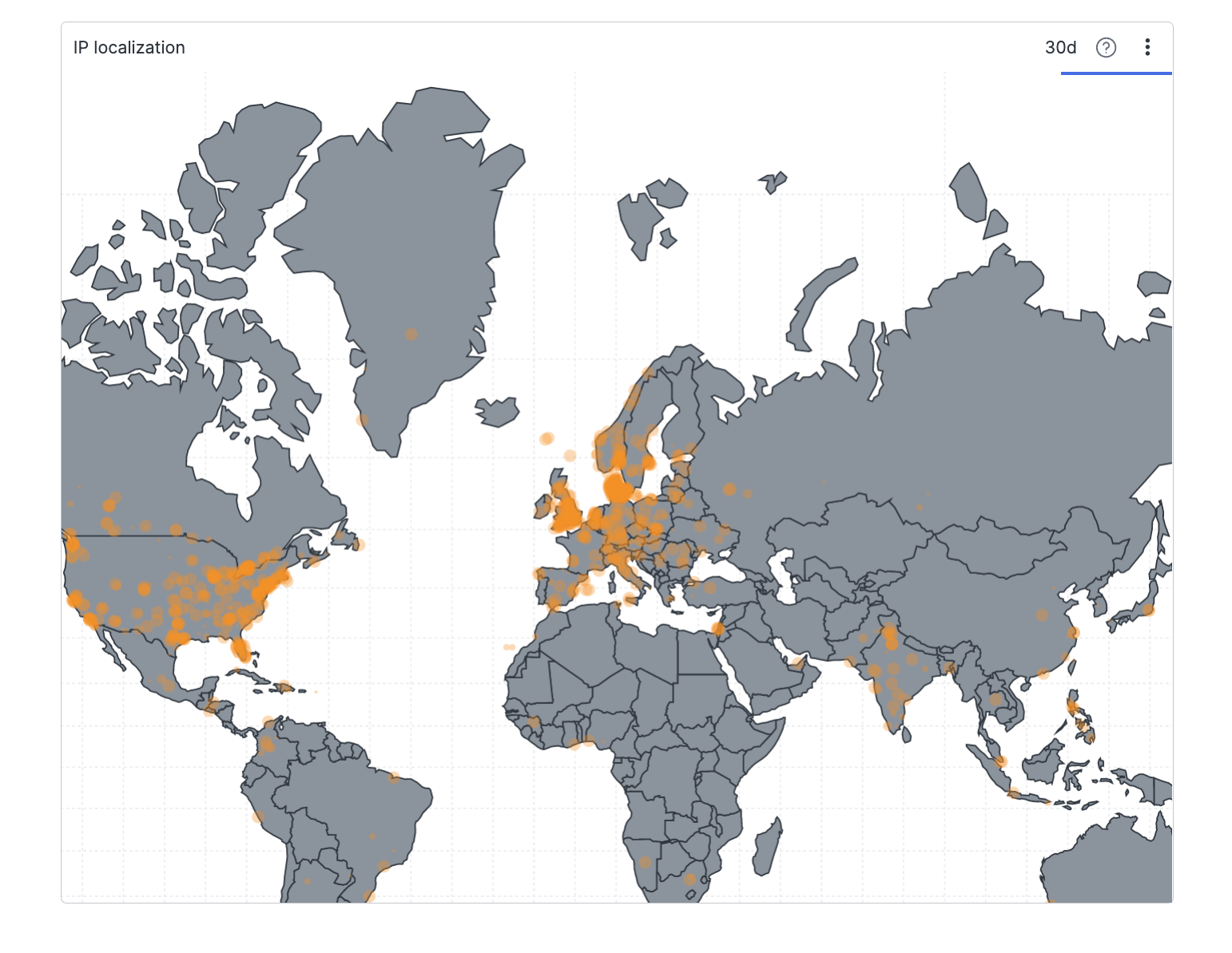Screenshot showing a world map widget with countries shaded in gray and orange, where orange indicates geographic locations with event activity