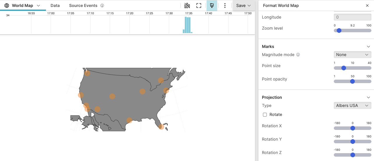 Screenshot showing a World Map widget displaying UserTransaction events as markers at geohashed locations across the United States using Albers USA projection, with each marker representing aggregated transaction clusters and their average response times, and Format World Map panel visible on the right showing Center, Marks, and Projection configuration options
