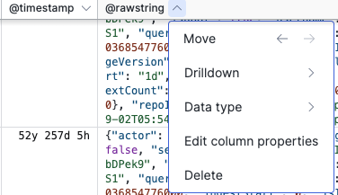 Screenshot showing a column header menu with Move, Drilldown, Data type, Edit column properties, and Delete options.