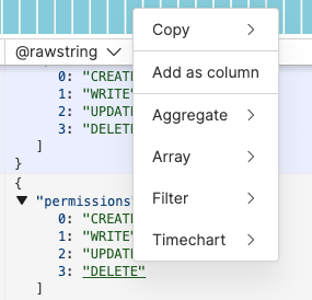Field interaction menu displaying options including Copy, Filter, Highlight, Group By, Exclude, and Aggregate functions.