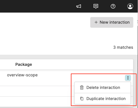 Screenshot showing the interactions management panel with a three-dot menu open on an interaction row, revealing Delete interaction and Duplicate interaction options.