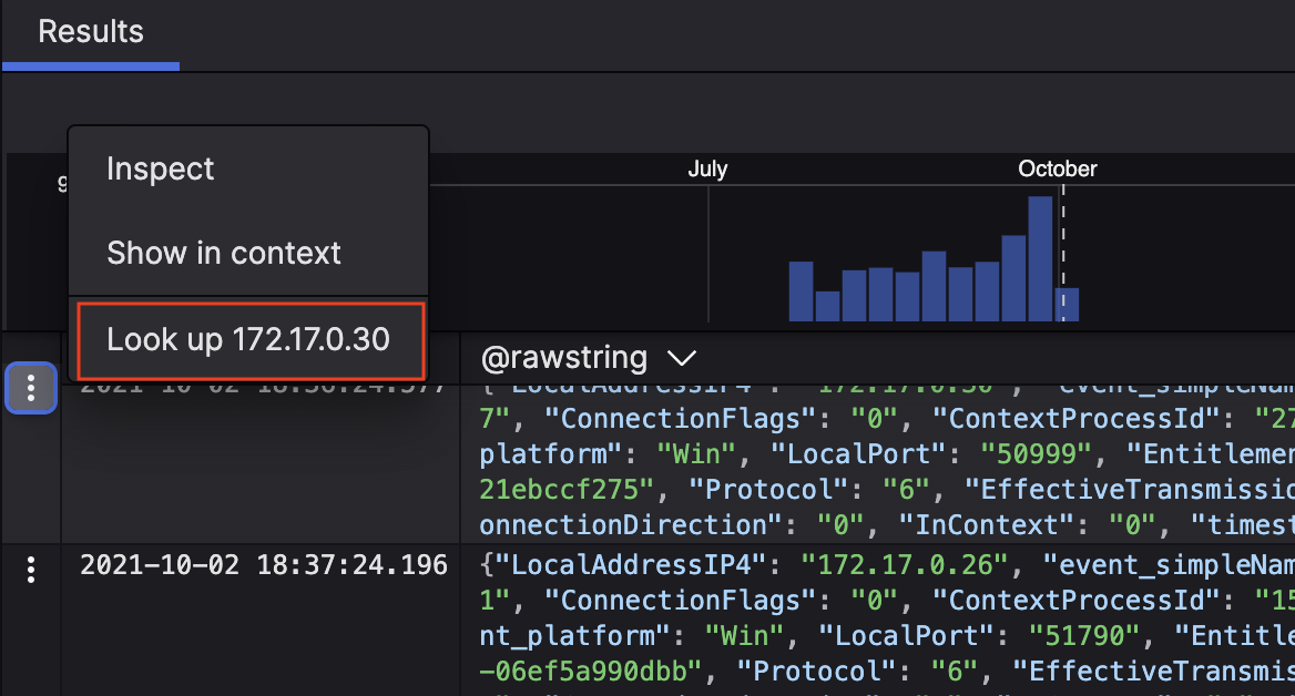Screenshot showing the Event List with a contextual menu open on a row, containing Inspect, Show in context, and a custom interaction option to look up an IP address.