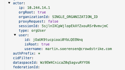 Screenshot showing event fields grouped into expandable tree nodes by prefix, with actor and user sub-fields collapsed under their respective parent nodes.