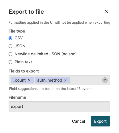 Screenshot showing the Export to file dialog with CSV selected, a Fields to export field with suggested field tags, and a Filename input.