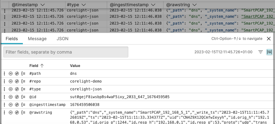 Screenshot showing the Inspection Panel with Fields, Message, and JSON tabs, a filter box, and a table listing field names and their values for a selected event.