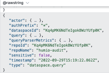 Screenshot showing a column formatted as JSON with expandable and collapsible nodes displaying key-value pairs from the event data.