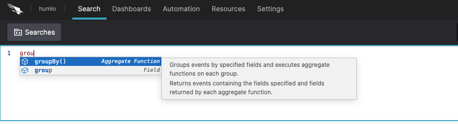 Screenshot showing the Query Editor with partial text typed, an autocomplete dropdown listing groupBy() as an Aggregate Function, and a tooltip describing what the function does.