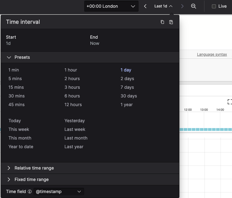 Time Interval dialog displaying time zone picker and live query toggle options, Time interval selector dialog with Presets section expanded.