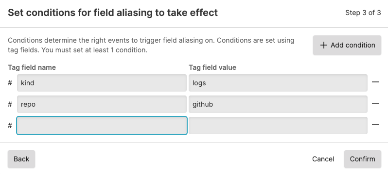 Screenshot showing how to apply field aliasing conditions