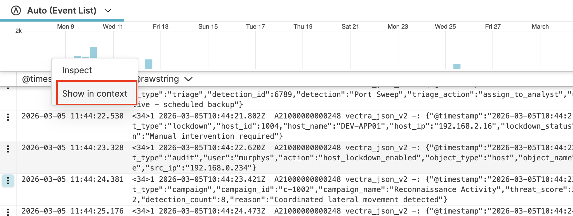 Screenshot showing a contextual menu on an Event List row with Show in context option highlighted and Inspect option.