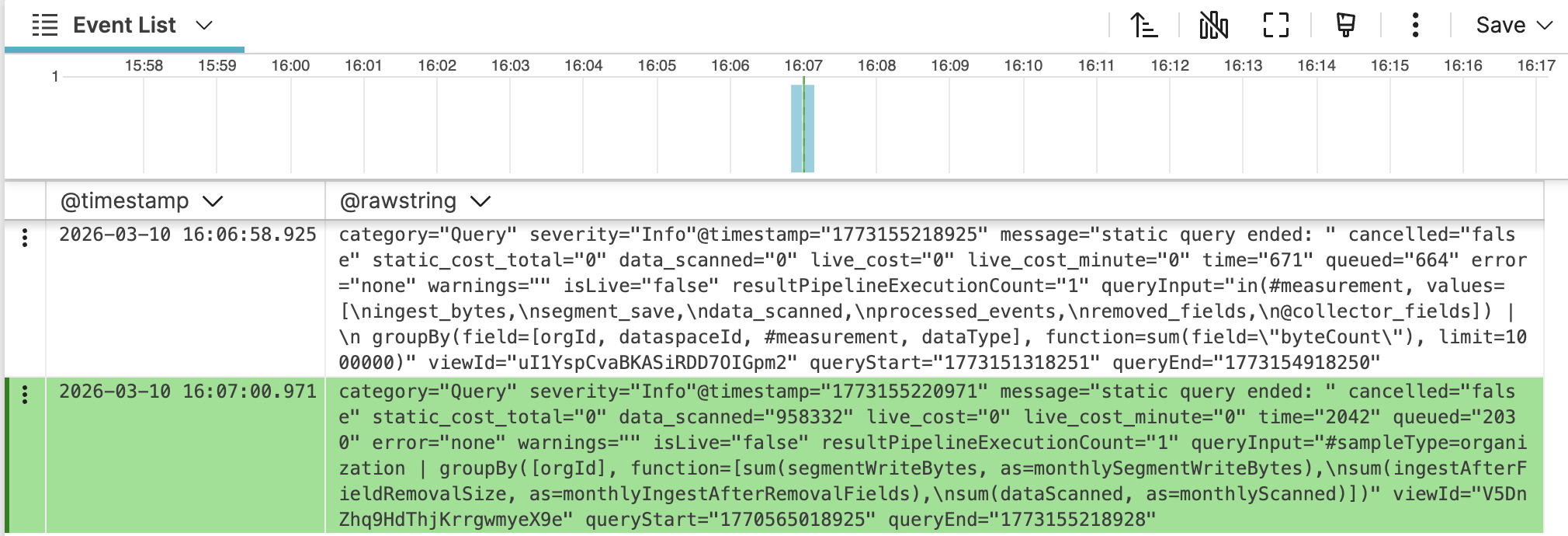 Screenshot showing the Event List with one row highlighted in blue to indicate it is the focus event within the surrounding context results.
