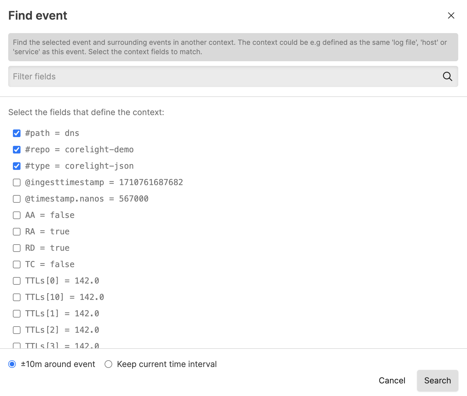 Screenshot showing the Find event dialog with a Filter fields box, a list of event fields with checkboxes, and time interval options including a plus or minus 10-minute window.