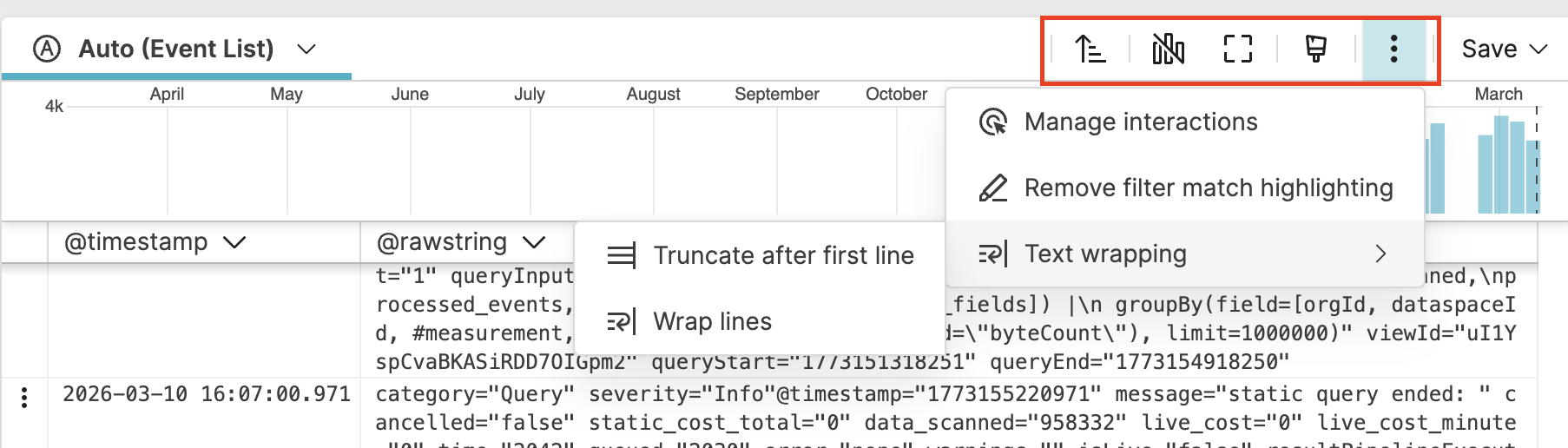 Tool panel displaying icons for Events, Table, and chart visualization options along with format and interaction buttons.