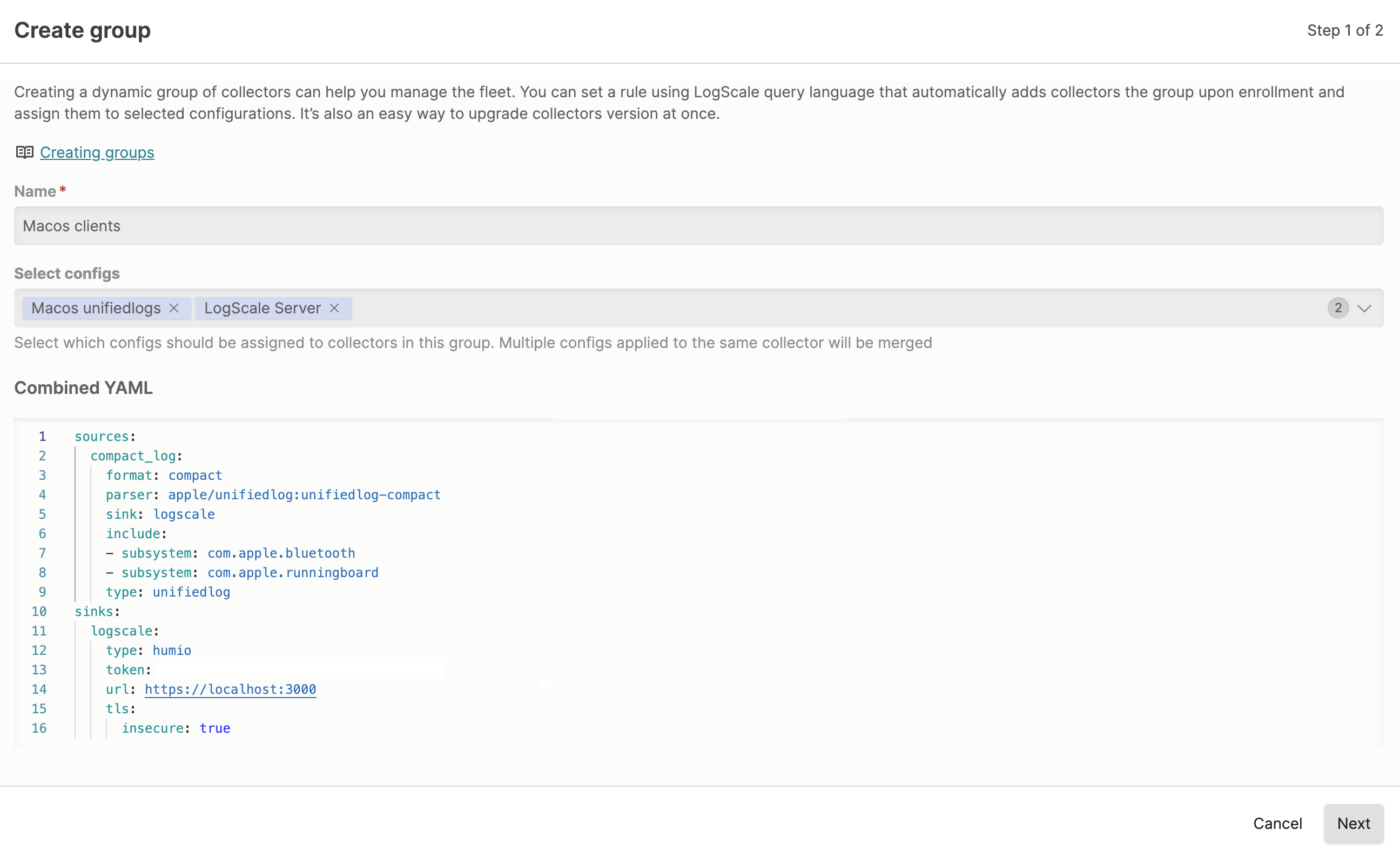 Create Group modal dialog with Name field, Configs section to select configuration snippets, and Filter field to specify group membership criteria using query syntax