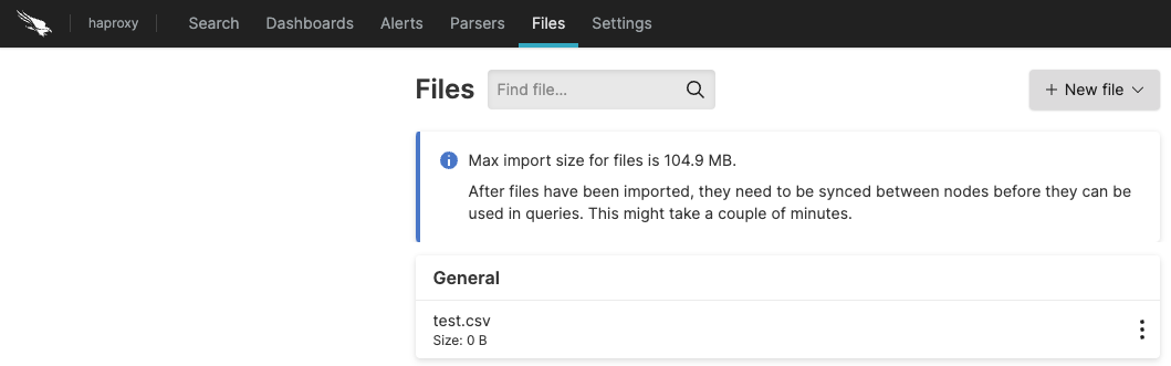 Screenshot showing the Files page with a search field, New file button, and an information message about max import size, along with a General section displaying a test.csv file with 0 B size