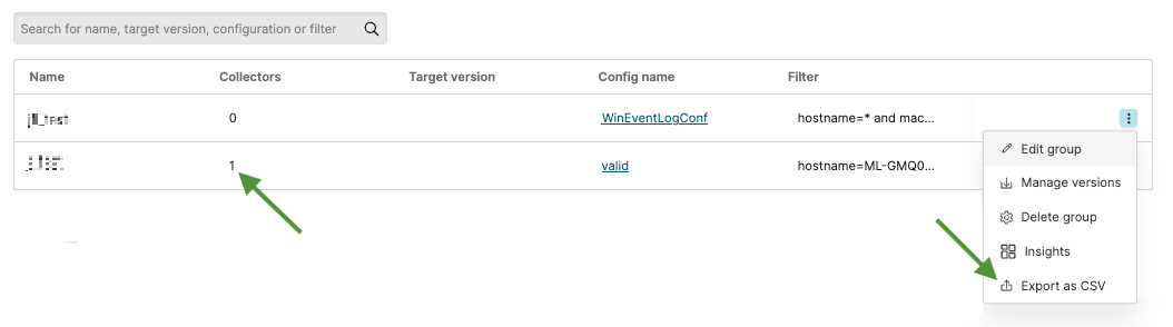 Group overview interface with the Export option and collector count highlighted.