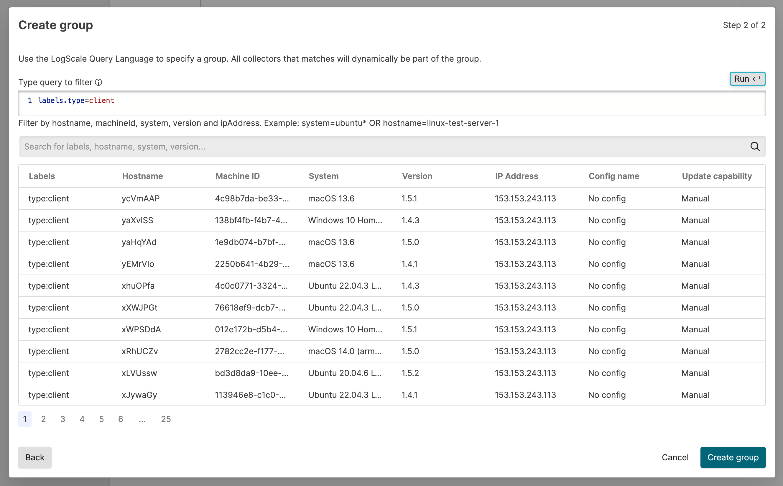 Create Group dialog showing filter field with custom label query syntax, demonstrating how to define a group using labels.type=client to automatically include collectors with matching labels