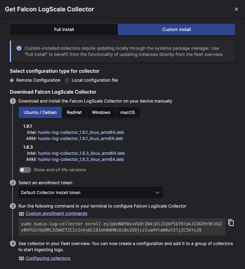 Collector download page showing installation options with tabs for Full install and Custom install, displaying download buttons for different operating systems (Windows, Linux, macOS) and architecture options