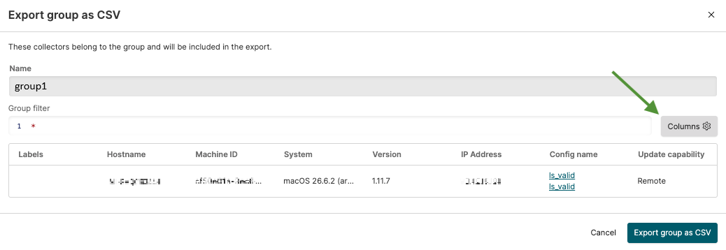 Group overview interface with the Export option and collector count highlighted.