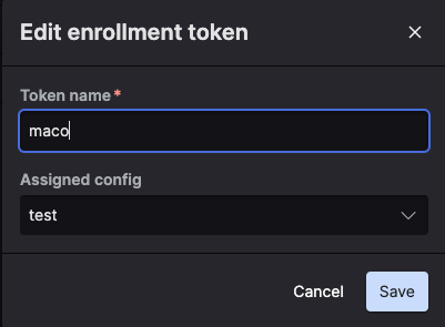 Edit enrollment token dialog with Name field and Assigned config dropdown to modify token name or change the configuration assigned to instances using this token, with Save button