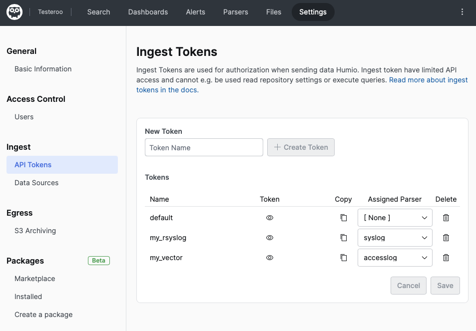 Screenshot showing Ingest Tokens settings page with New Token input field, Create Token button, and tokens table displaying columns for Name, Token, Copy, Assigned Parser, and Delete actions