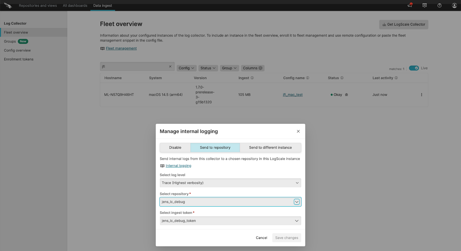 Manage Internal Logging dialog with Enable toggle, options for Send to repository or Send to different instance, dropdown menus for log level selection, target repository, and ingest token, with Save changes button