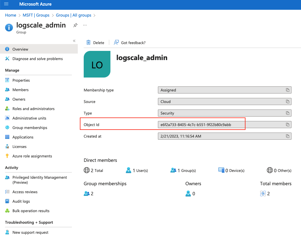 Screenshot of the Azure AD group properties page showing where to locate and copy the Object ID that will be used for group synchronization with LogScale. The image displays the Azure AD interface where administrators can view group details, with the Object ID field highlighted or visible as a unique alphanumeric identifier. This Object ID is a critical value that must be copied exactly and pasted into LogScale's group configuration to establish the correct mapping between Azure AD groups and LogScale groups.