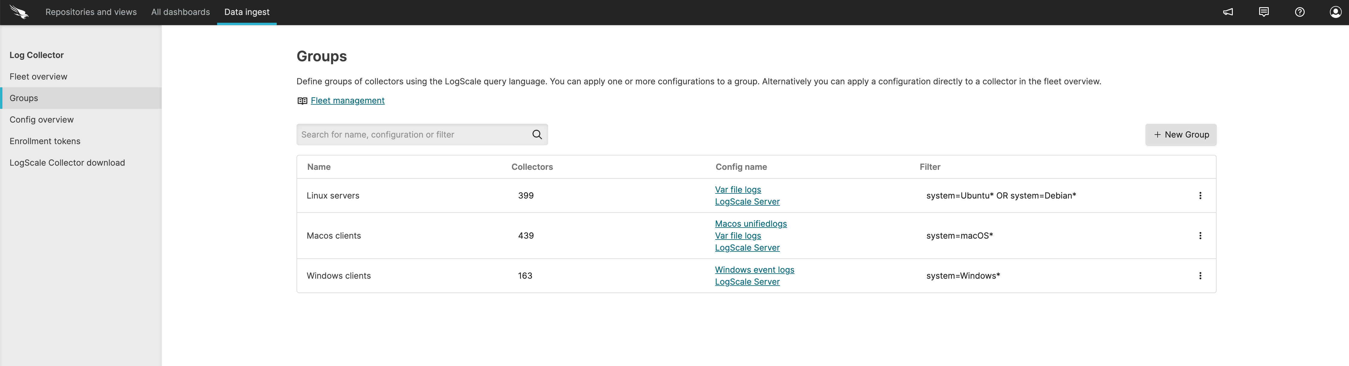 Groups management page showing table of defined collector groups with columns for group name, filter criteria, applied configurations, and member count, with New group button in header