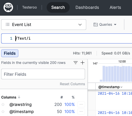 Screenshot showing search interface with query /Text/i and results displaying 11,961 hits with Fields panel and Columns section visible