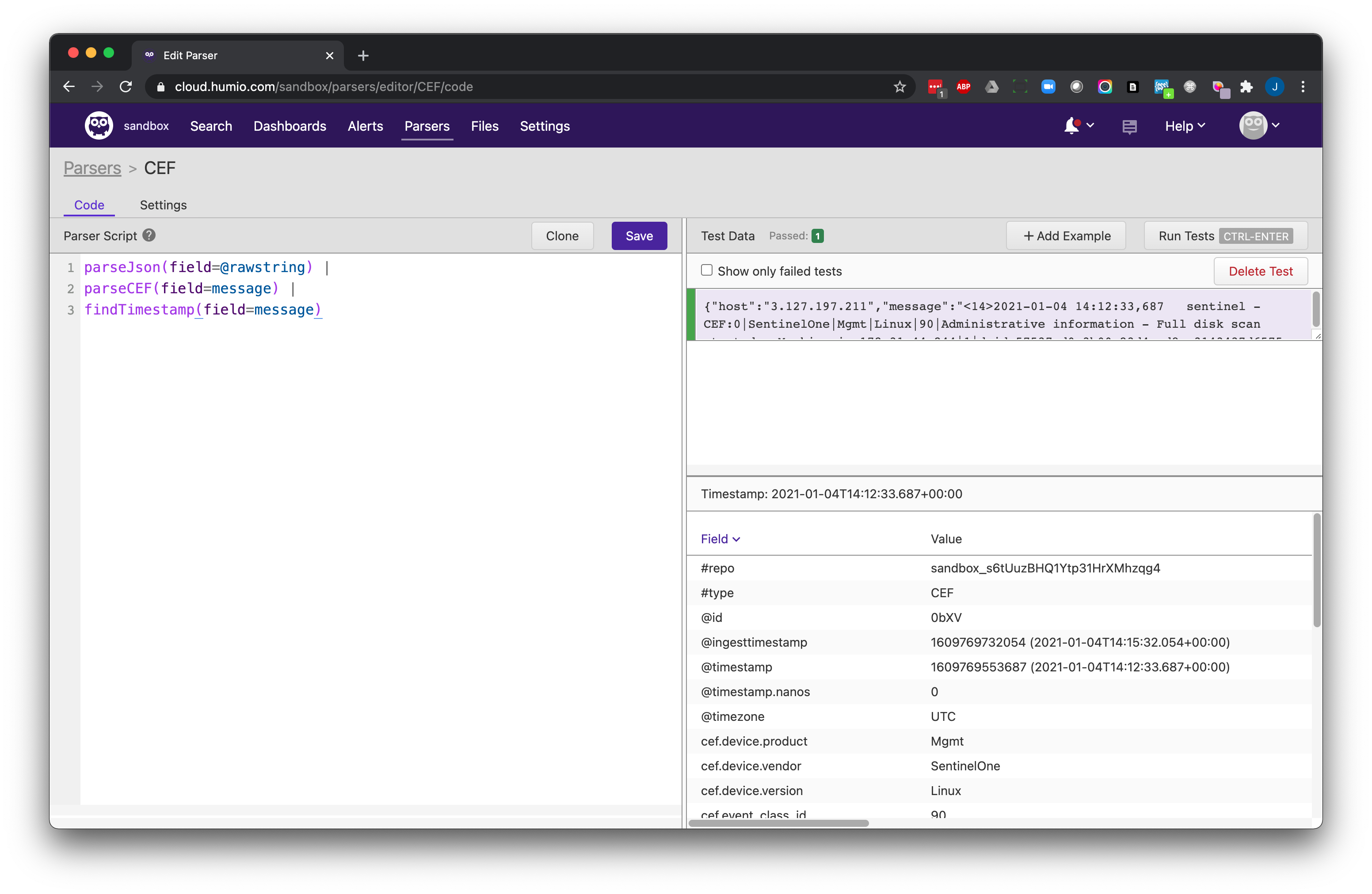 Screenshot showing the parser configuration interface with a script editor containing parseJson, parseCEF, and findTimestamp functions, and a test results panel displaying parsed event fields including @repo, @type, @id, @timestamp, @timezone, and device information for a SentinelOne CEF event