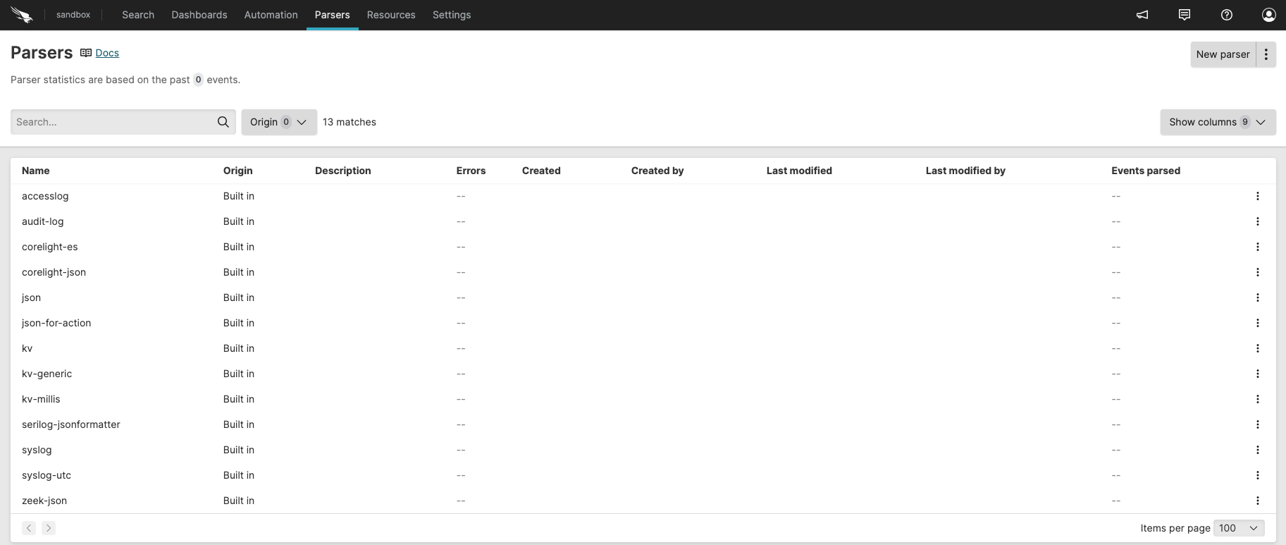 Screenshot of the Parsers interface in table format showing parser names, types, and a New parser button for creating parsers