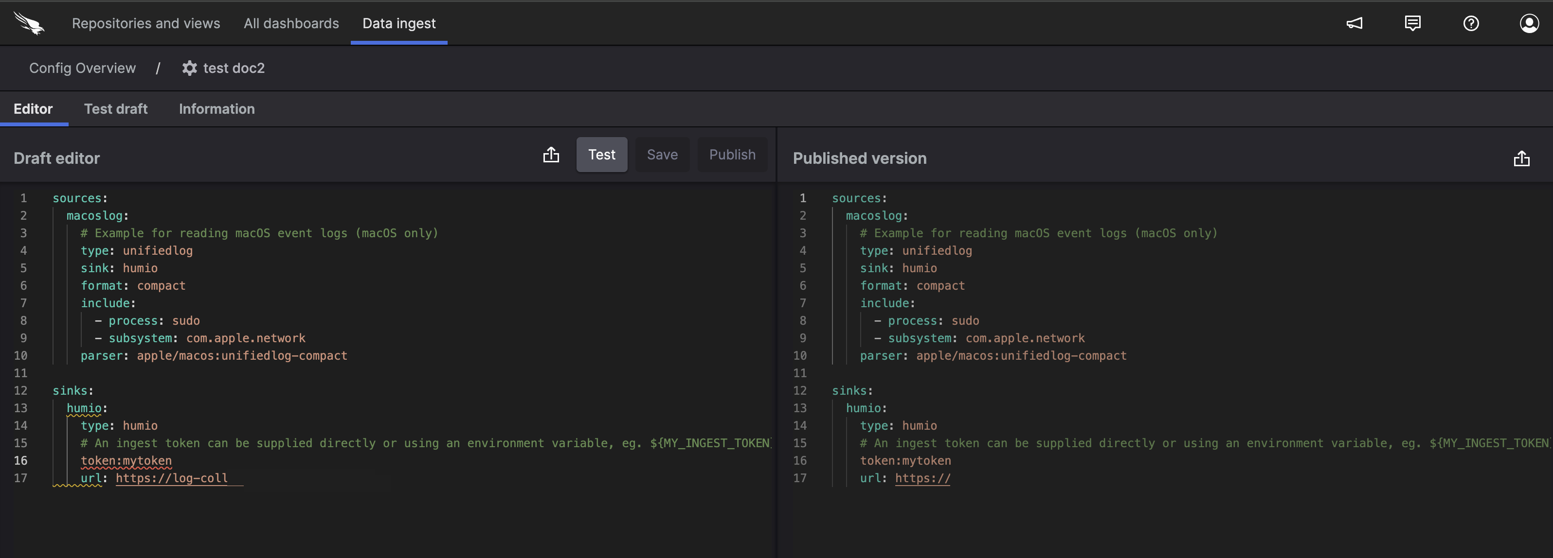 Config Editor showing YAML configuration file with syntax highlighting, auto-completion, error underlining for misspelled entities, and hover tooltips providing contextual help for configuration options