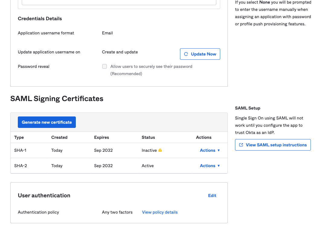 Screenshot of the Okta application details page with the 'View SAML Setup Instructions' button highlighted in the right sidebar
