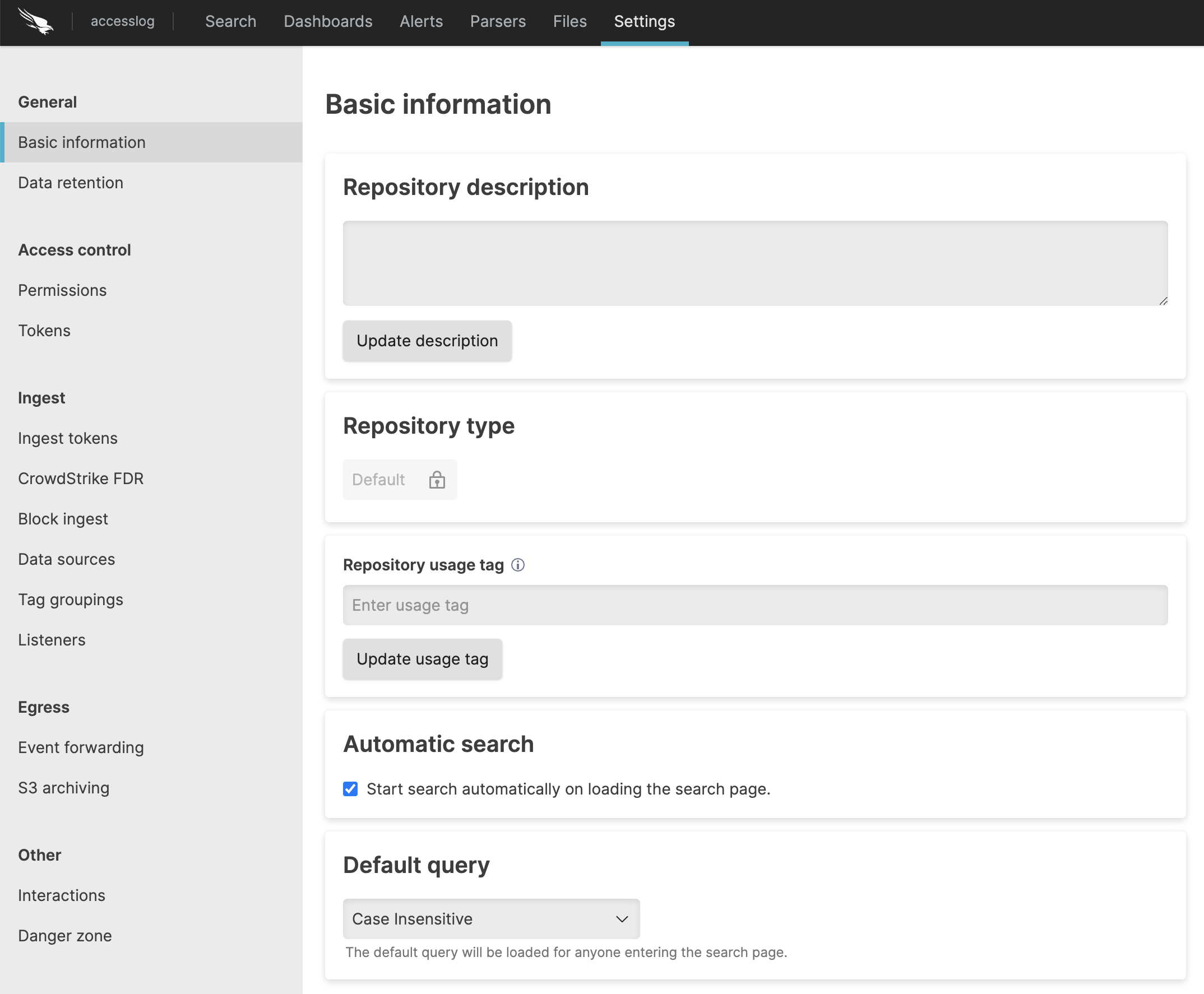 Screenshot showing Settings page with Basic Information panel displaying Repository description, Repository type, Automatic search checkbox, and Default query dropdown set to Case Insensitive