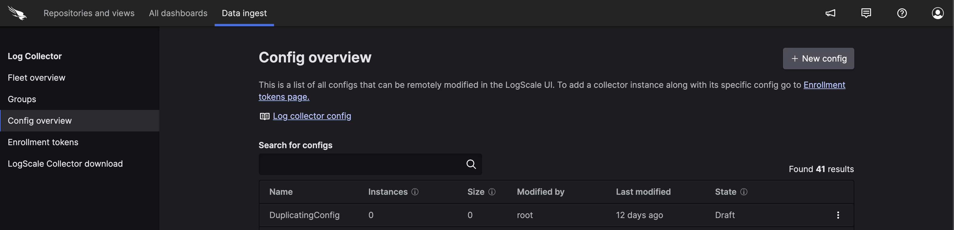 Config Overview page displaying table of existing configurations with columns for config name, type (full or snippet), last modified date, and groups using each configuration, with New Config button in header