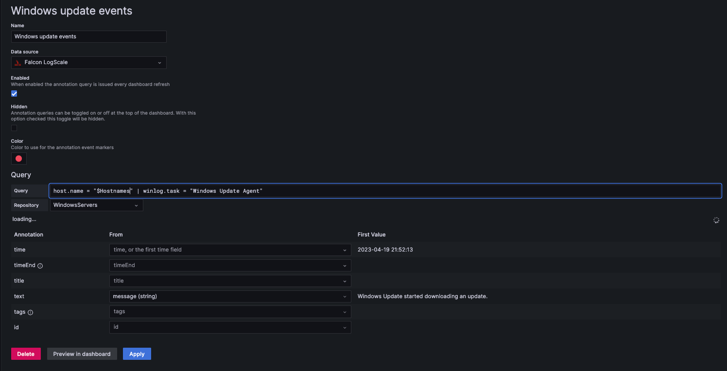 Screenshot showing Grafana annotation configuration for Windows update events with data source Falcon LogScale, query fields for host.name and winlog.task filtering, Repository selection WindowsServers, and field mappings for time, timeEnd, title, and text