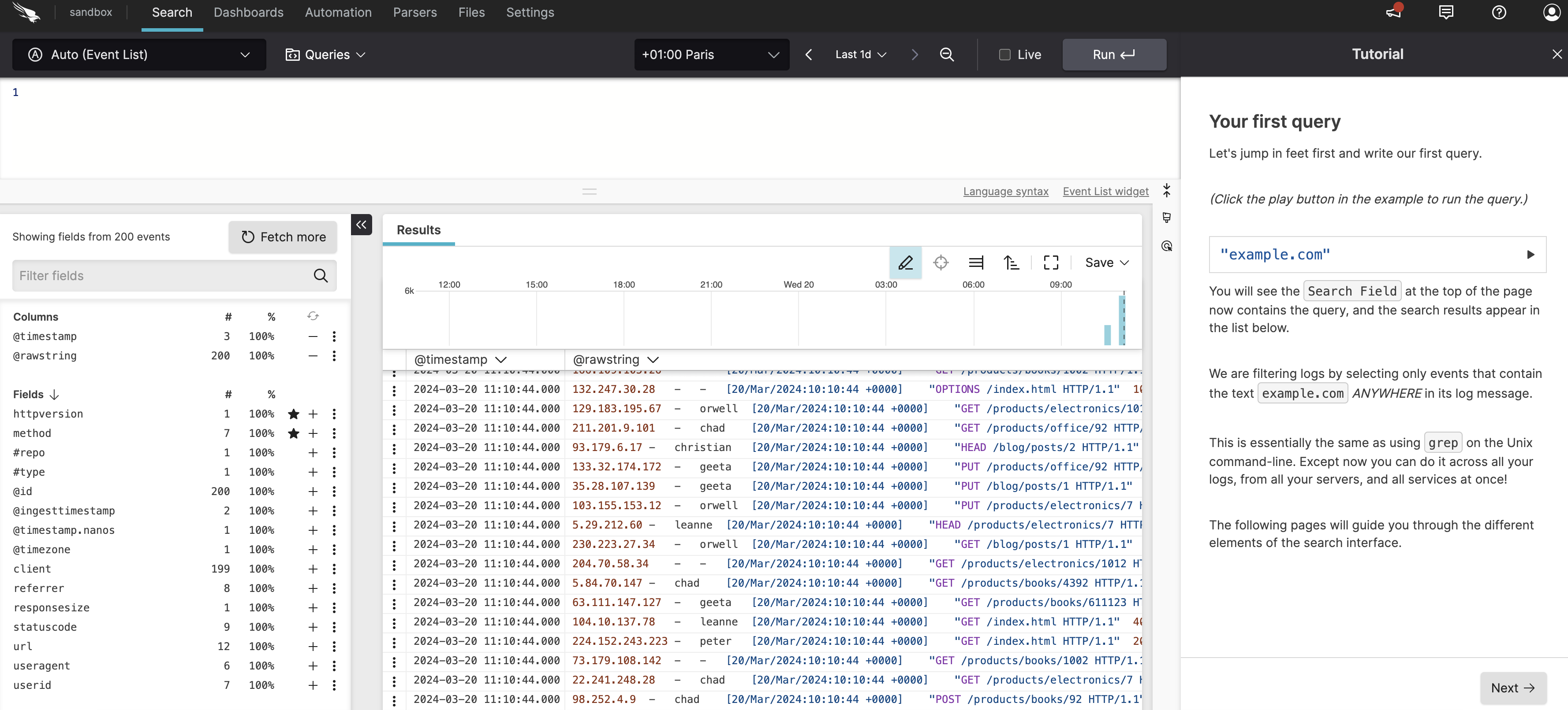 Screenshot showing the tutorial interface with a search query panel on the right side and the main search results displaying sample log entries with fields such as username, method, and url in a table format