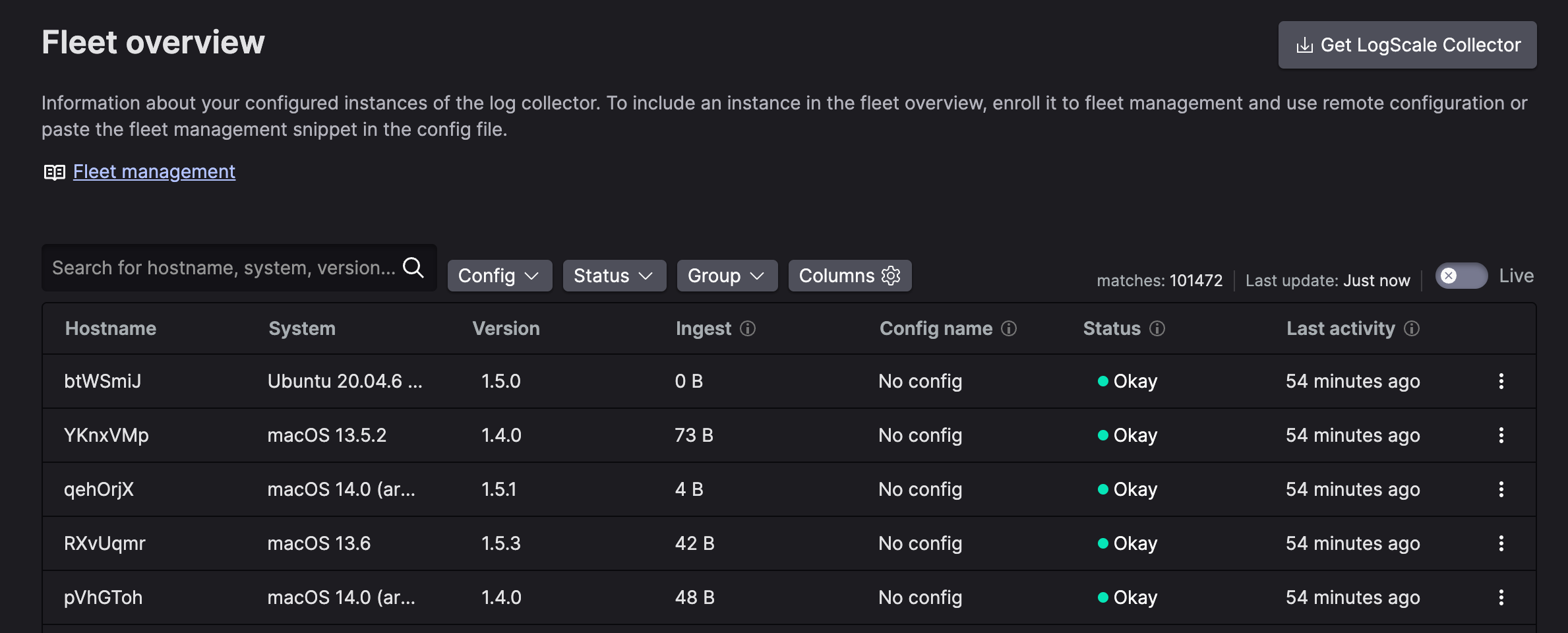 Fleet Overview dashboard showing historical data view with time range selector, displaying collector metrics and status information over a selected time period
