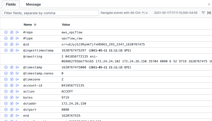 Screenshot showing the Fields panel with event fields listed in a table, highlighting the #repo field with value aws_vpcflow and #type field with value vpcflow_raw