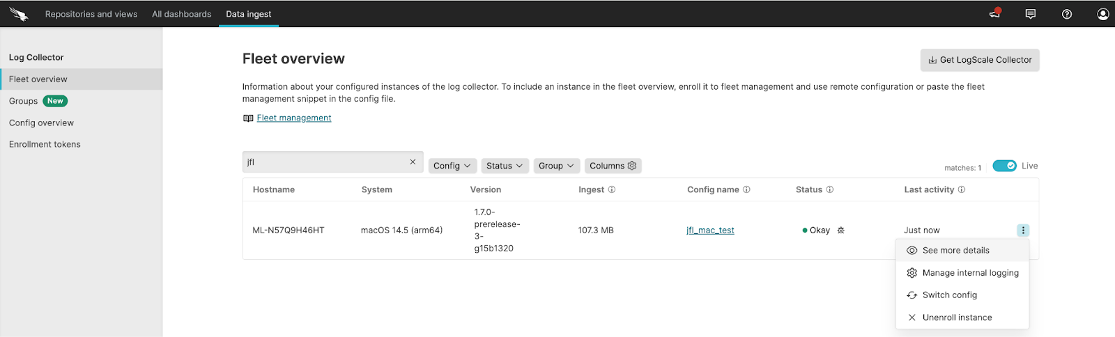 Fleet Overview table with ellipsis menu open showing Manage Internal Logging option to enable or configure internal logging for the selected collector instance