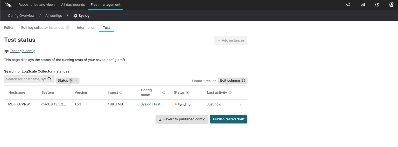 Test status page showing configuration test results with error status indicator, displaying assigned test instances with their health status, error messages, and options to publish or revert the draft configuration