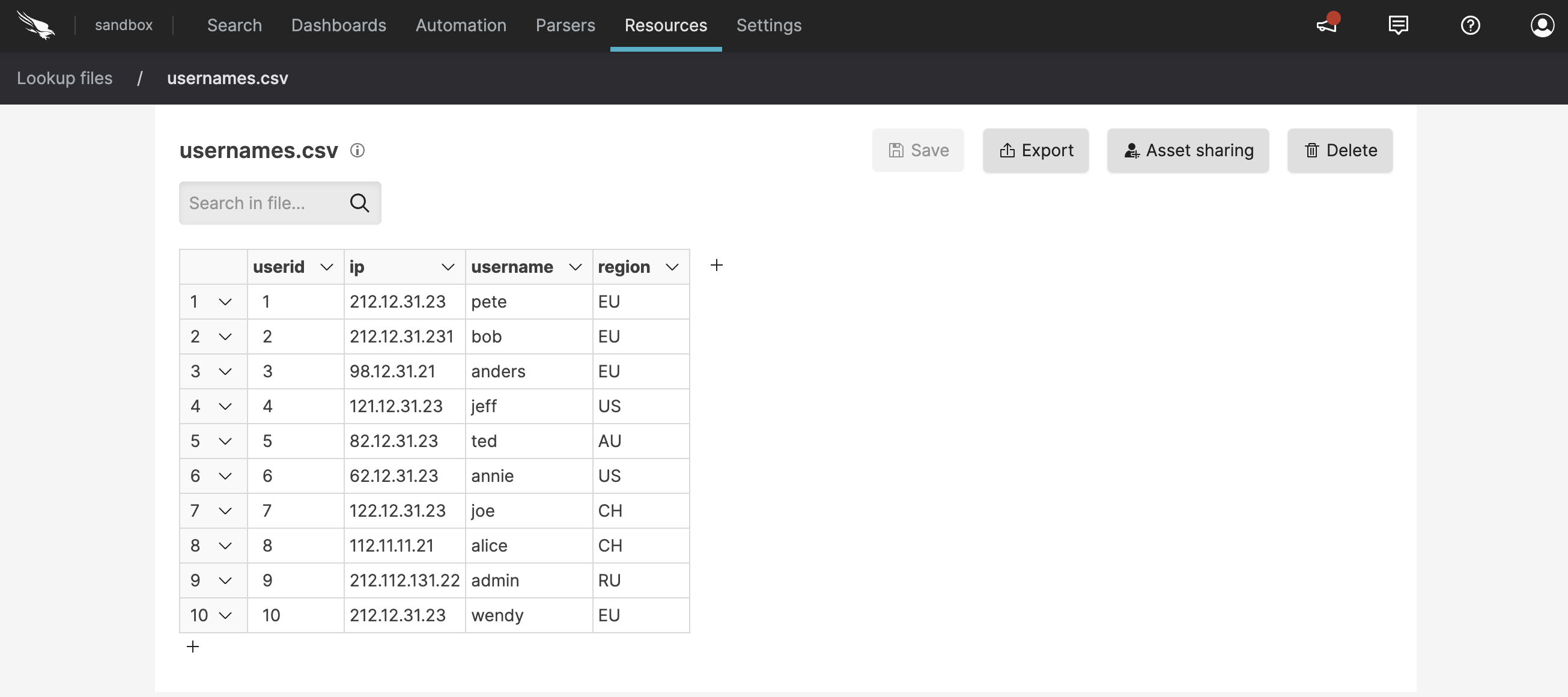 Screen showing the imported CSV example and how it appears in LogScale